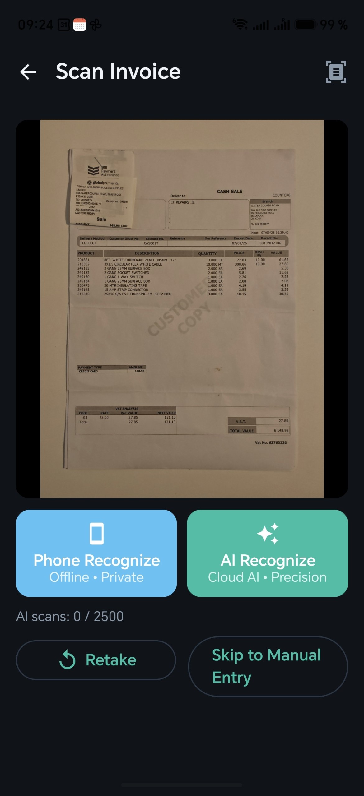 Invoice Scanner — Phone OCR vs AI Recognize