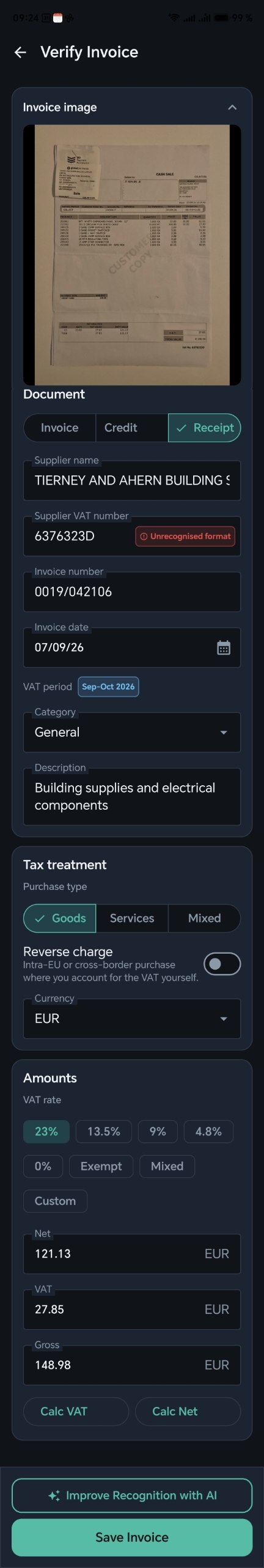 Invoice Scanner — Verify Invoice screen